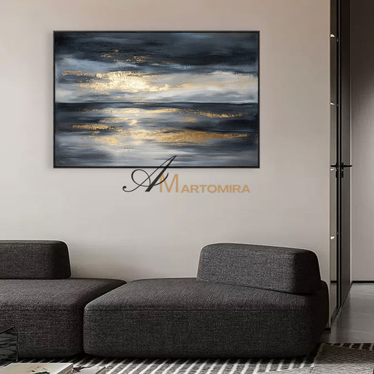 Landscape Wall Art | Abstract Ocean Painting | Black And Gold Wall Art | Large Abstract Wall Art #POS073
