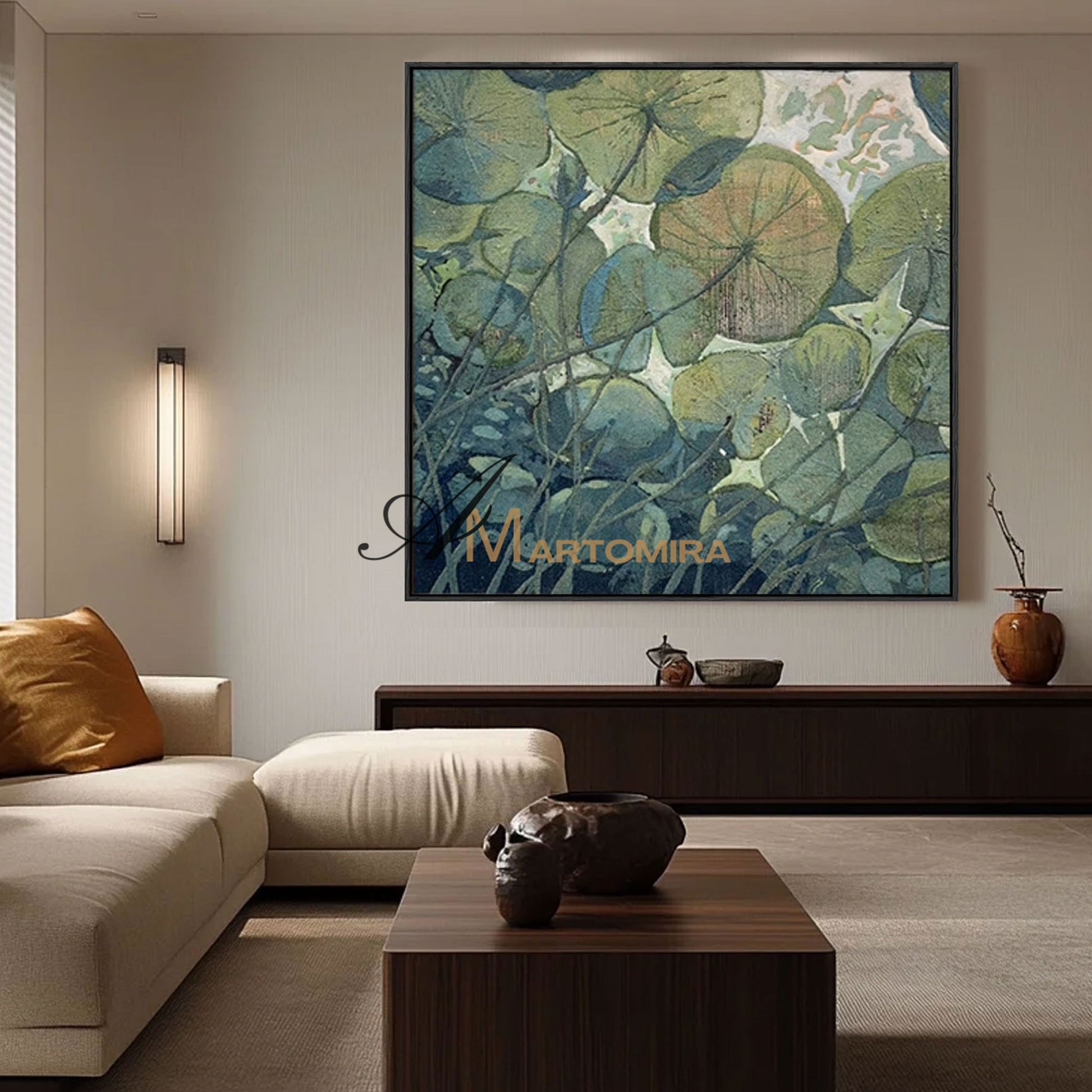 Acrylic Flower Painting | Green Wall Art | Lotus Painting | Handmade Paintings For Living Room #MF023