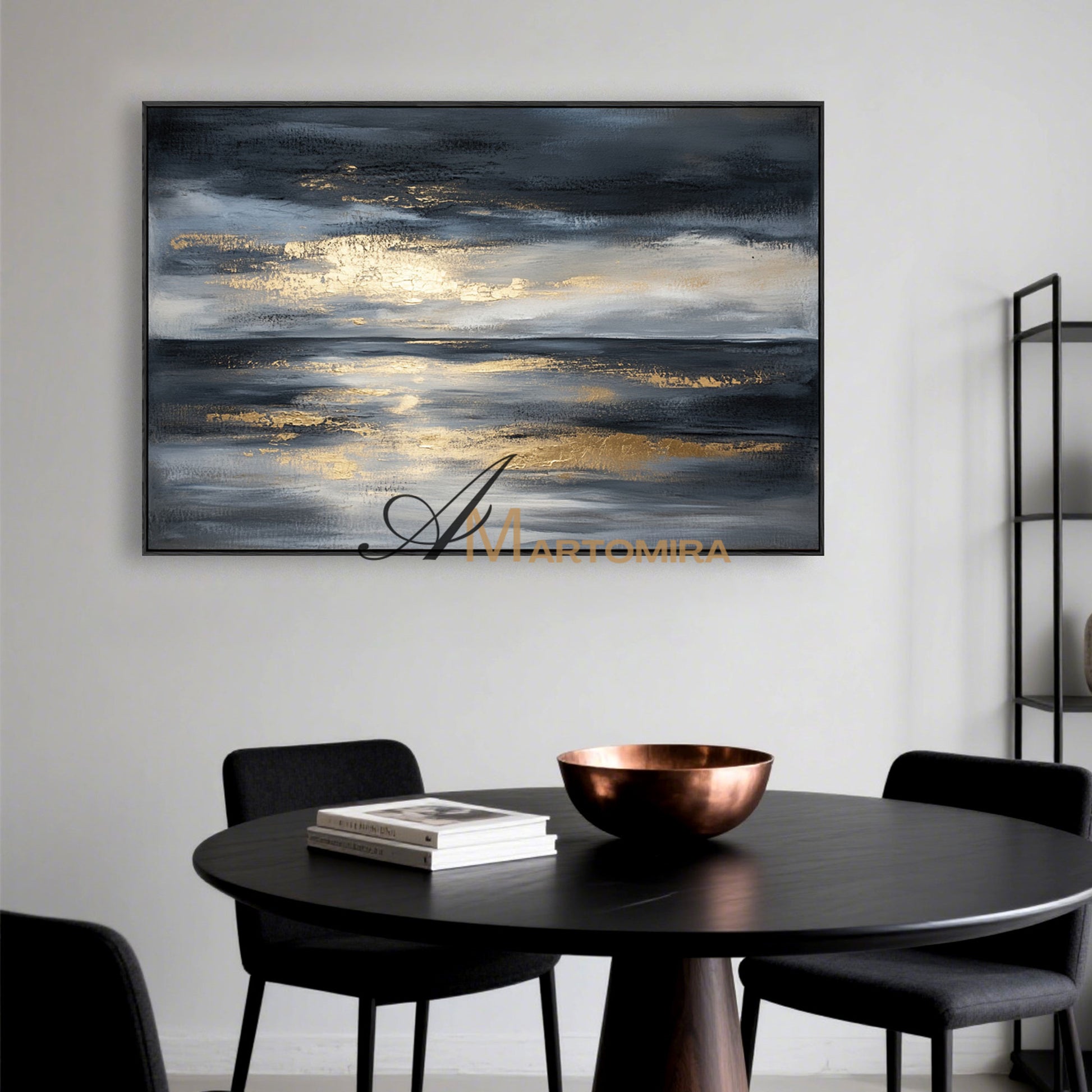Landscape Wall Art | Abstract Ocean Painting | Black And Gold Wall Art | Large Abstract Wall Art #POS073