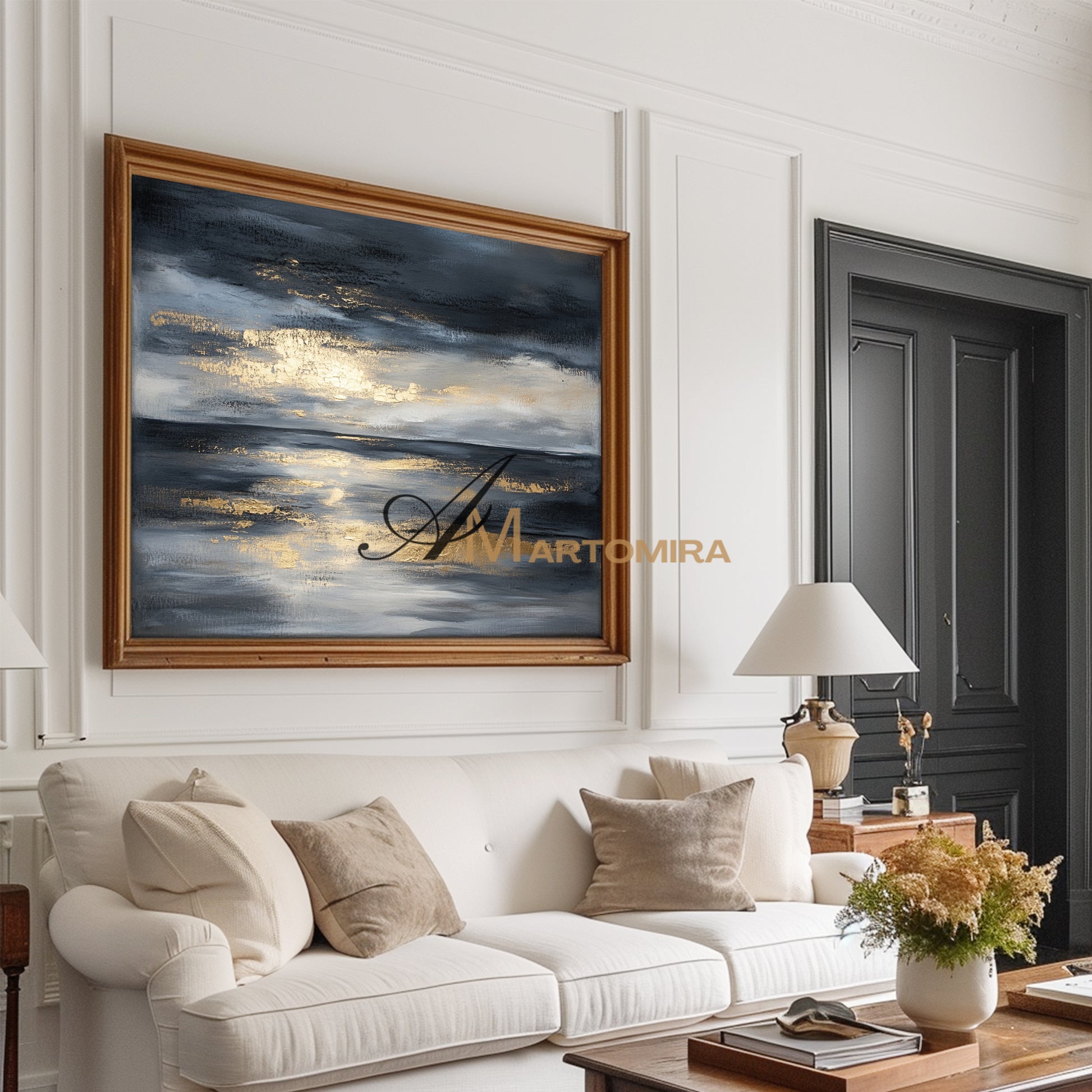 Landscape Wall Art | Abstract Ocean Painting | Black And Gold Wall Art | Large Abstract Wall Art #POS073