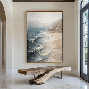 Textured Blue Beige White Coastal Beach Ocean And Sky Impasto Wall Art Abstract Neutral Decorative Artwork Modern Minimalist Landscape Painting For Living Room Bedroom Office Dining Room