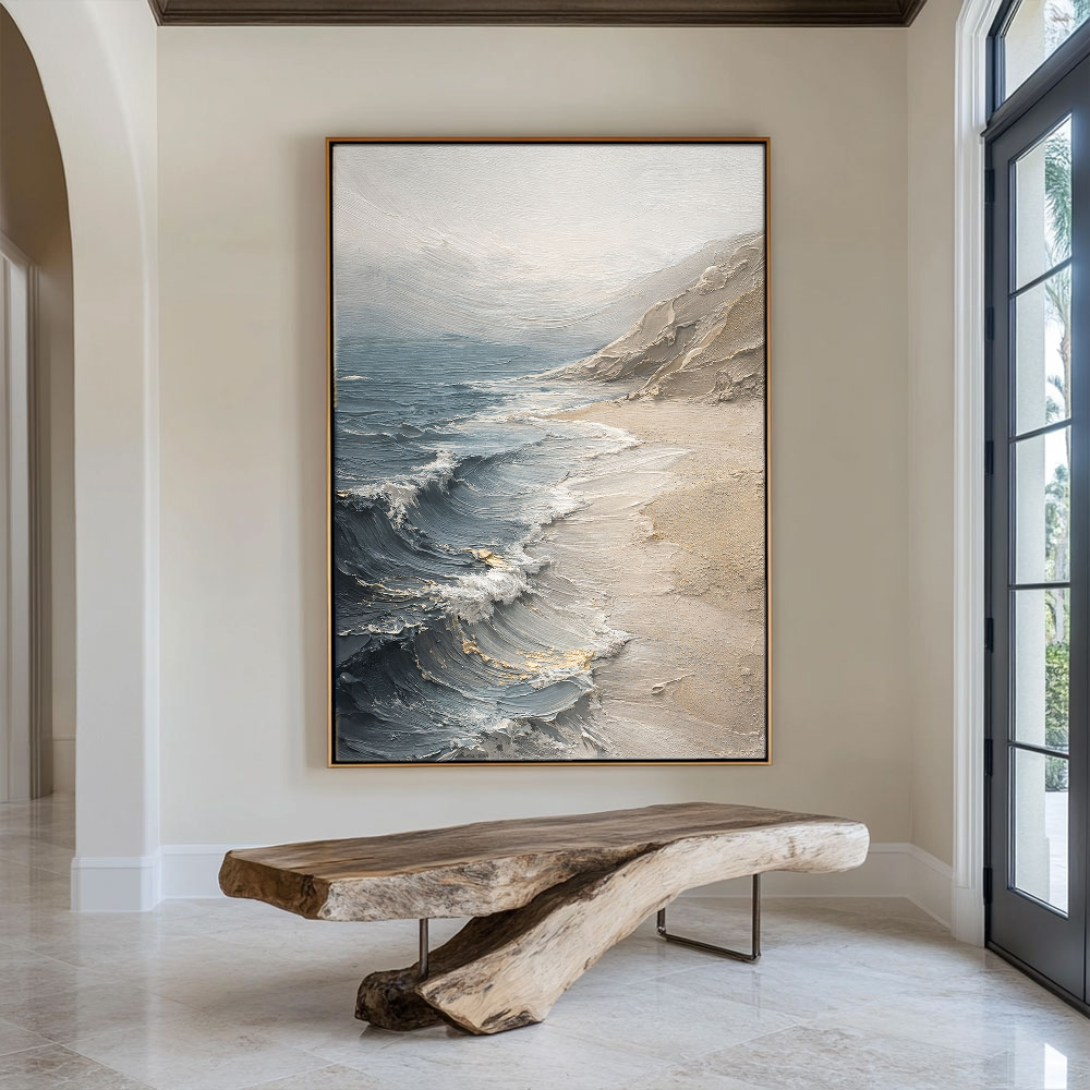 Textured Blue Beige White Coastal Beach Ocean And Sky Impasto Wall Art Abstract Neutral Decorative Artwork Modern Minimalist Landscape Painting For Living Room Bedroom Office Dining Room