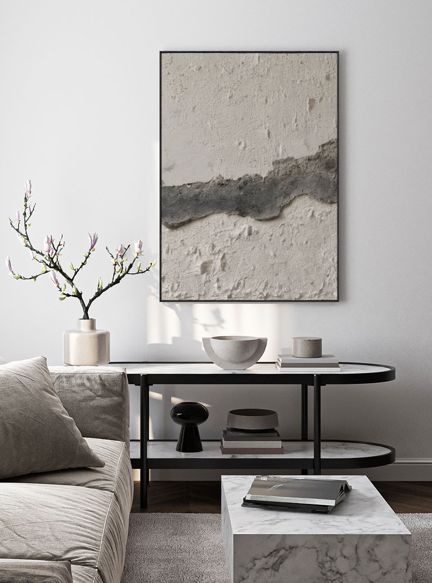 Minimalist Asymmetrical Textured Plaster Wall Art, Wabi Sabi Inspired Neutral Grey White Stucco Relief for Modern Interiors, Monochrome Abstract Office Hallway Bedroom Dining Living Room Decor