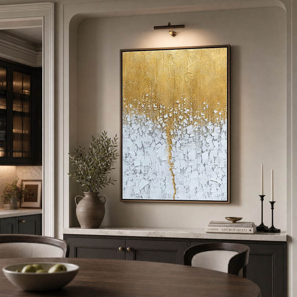 Gold And White Textured Abstract Vertical Wall Art For Living Room