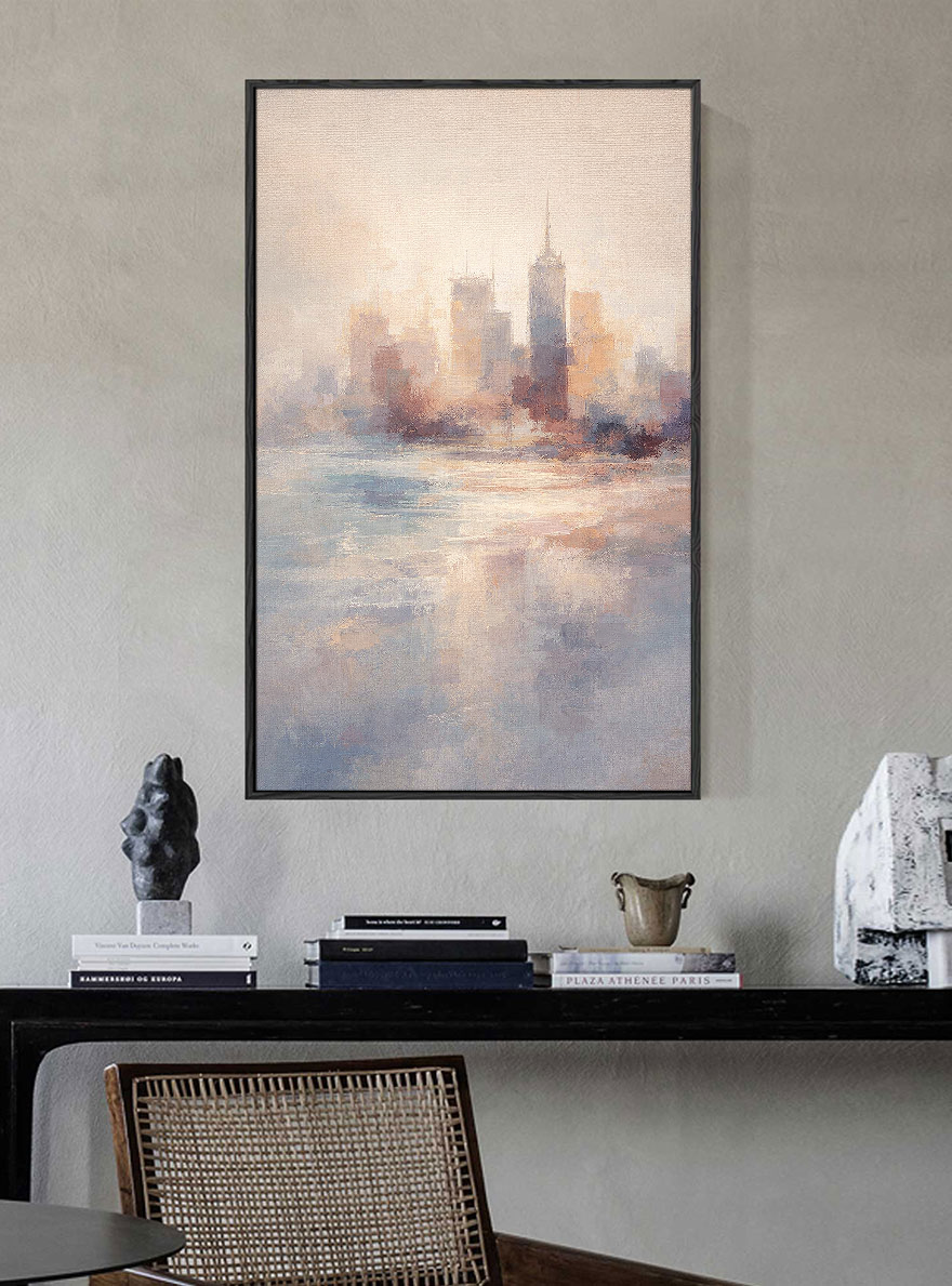 Soft Tonal Impressionist New York City Skyline with Water Reflection Vintage Wall Art for Modern Living, Bedroom, Dining, Office & Hallway Spaces