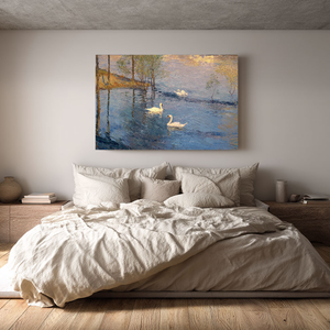 Vintage Blue Lake Swan Sunset Painting | Hand-Painted Impasto Canvas