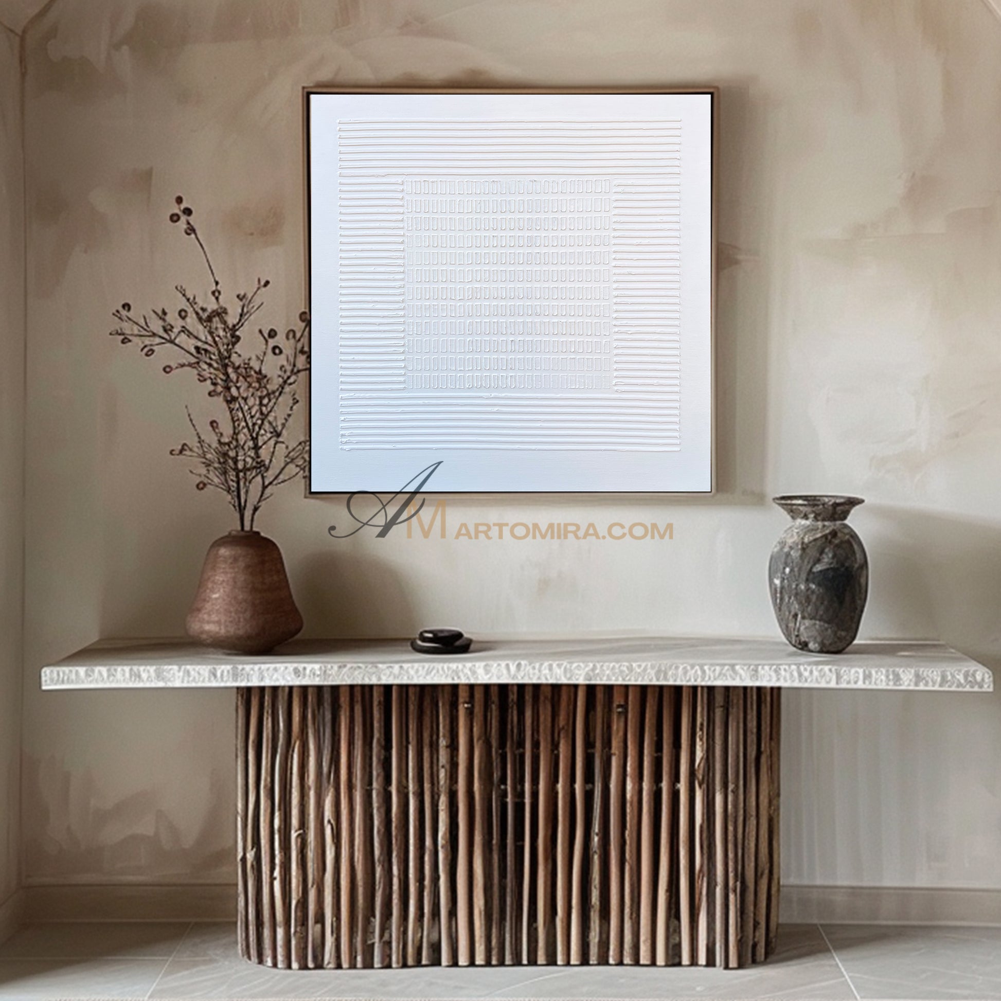 Wabi-Sabi Minimalist White Textured Painting | Modern Geometric Line Canvas | Serene Abstract Wall Art | Minimal Home Decor