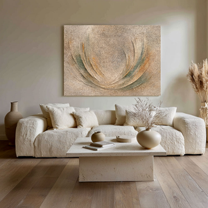 Minimalist Textured Abstract Curved Beige Green Brown Composition Framed Canvas Wall Art Modern Neutral Decor Piece Soft Organic Shape Design for Home and Office