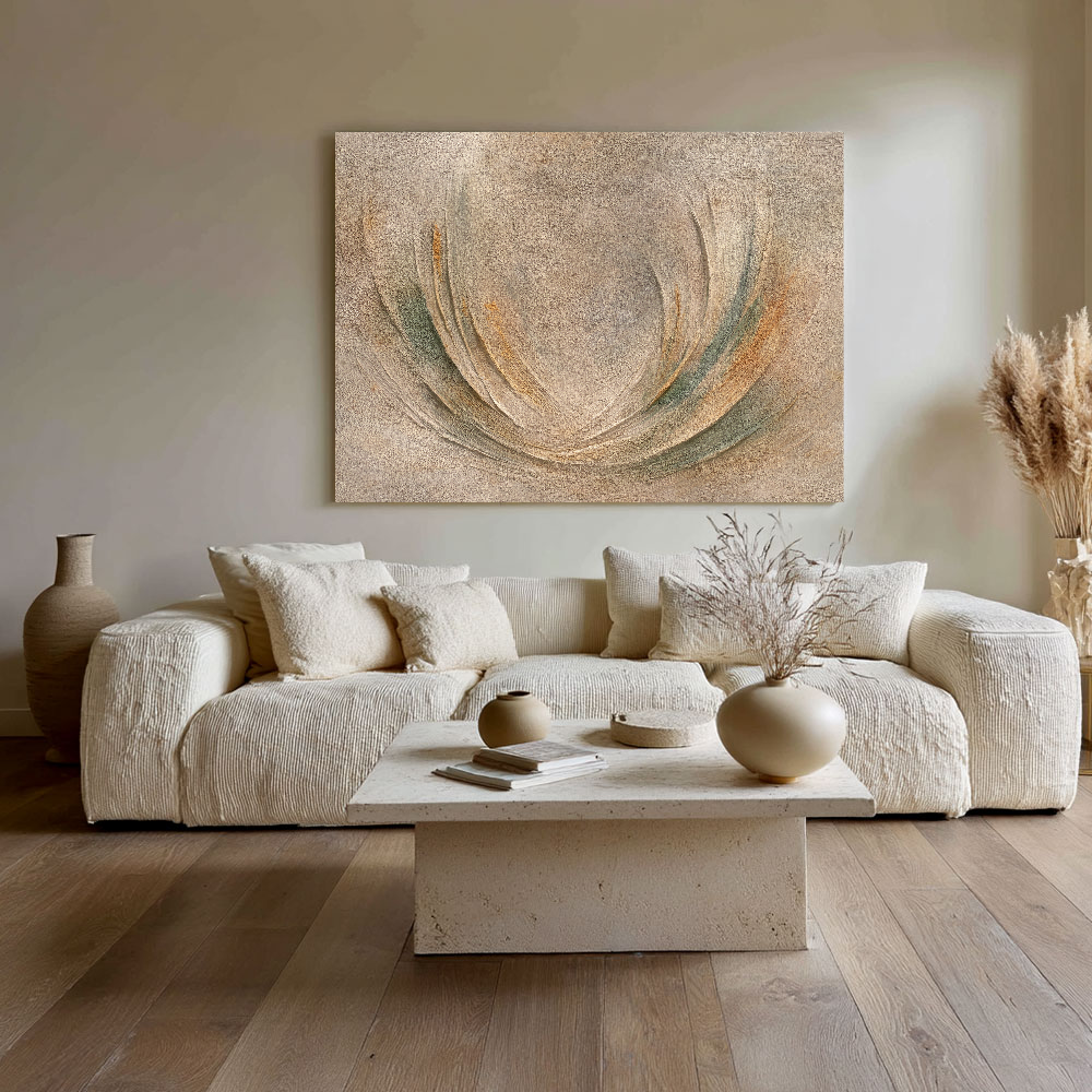 Minimalist Textured Abstract Curved Beige Green Brown Composition Framed Canvas Wall Art Modern Neutral Decor Piece Soft Organic Shape Design for Home and Office
