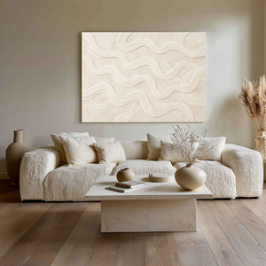 Minimalist Neutral Abstract Textured Wall Art Decor, Soft Beige White Wavy Curved Geometric Lines Plaster Artwork, Modern Boho Farmhouse Style Wall Hanging for Living Room Bedroom Dining Room Office Entryway, Large Framed Canvas Wall Painting for