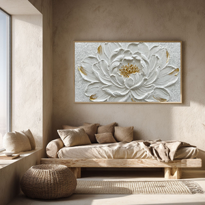 Elegant White Gold 3D Textured Flower Wall Art, Framed Impasto Floral Canvas Artwork for Living Room Bedroom Dining Room Hallway Office Modern Home Decor