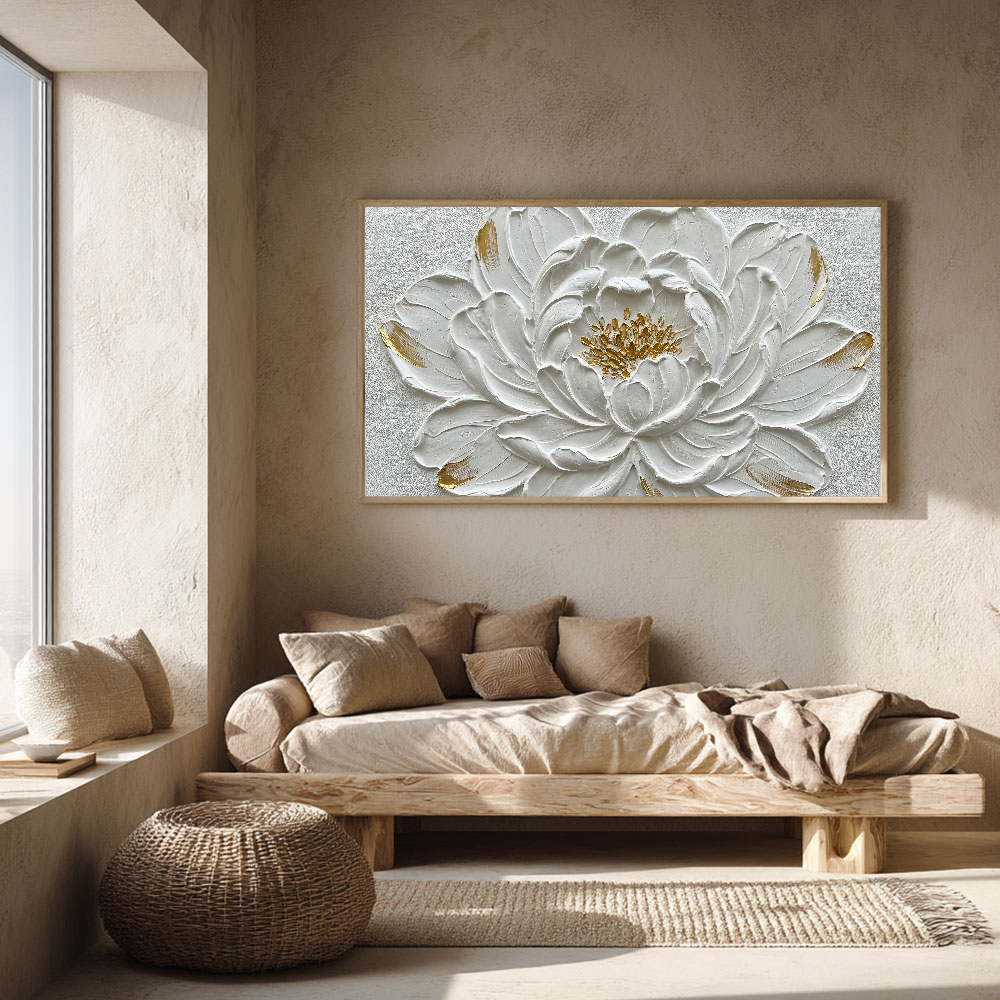 Elegant White Gold 3D Textured Flower Wall Art, Framed Impasto Floral Canvas Artwork for Living Room Bedroom Dining Room Hallway Office Modern Home Decor