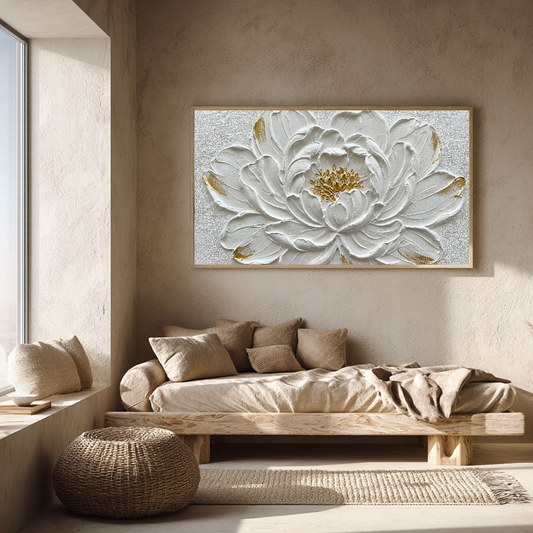 Elegant White Gold 3D Textured Flower Wall Art, Framed Impasto Floral Canvas Artwork for Living Room Bedroom Dining Room Hallway Office Modern Home Decor