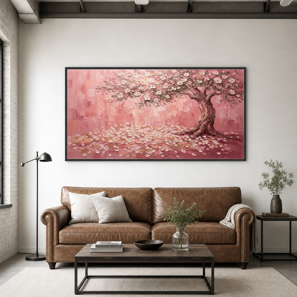 Pink Blossom Tree Impasto Art in a contemporary living room with a brown leather sofa