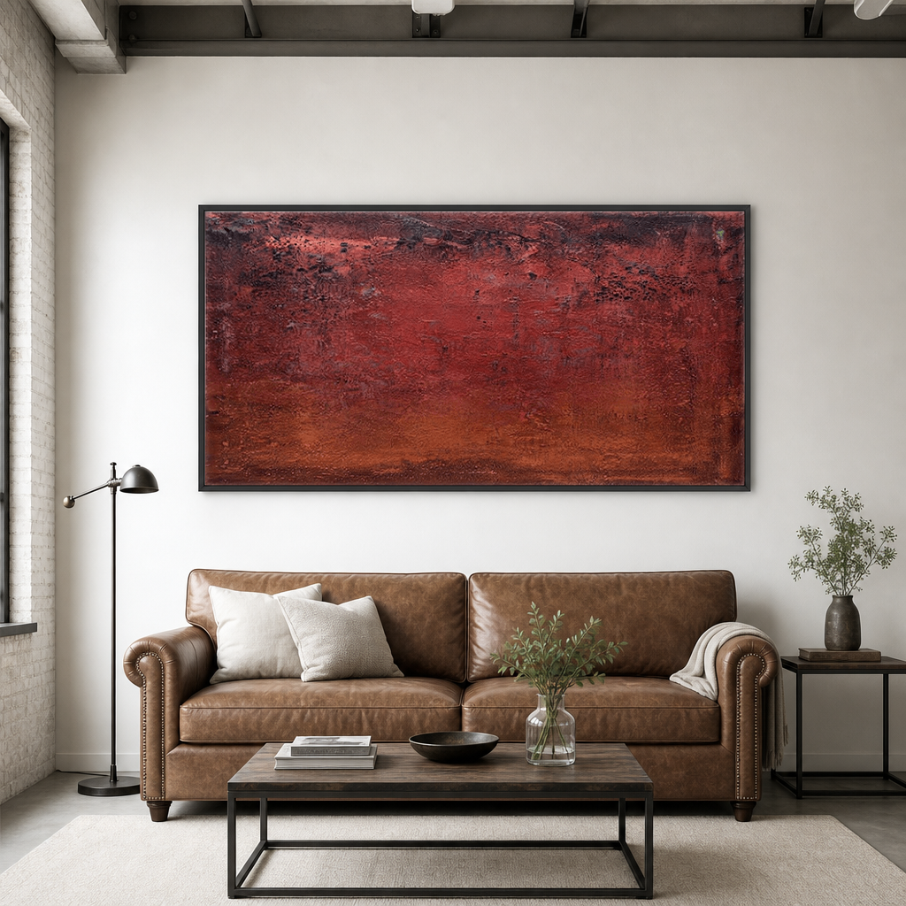 Deep Red Brown Dark Grey Abstract Textured Plaster Wall Art Rich Warm Toned Modern Decorative Artwork for Contemporary Living Spaces Bedroom Dining Room Office Hallway Interior Design