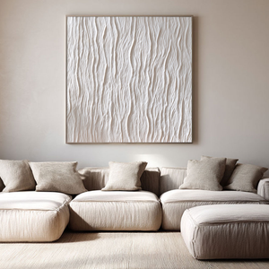 Minimalist White Organic Wavy Textured Abstract Plaster Wall Art Modern Neutral Framed Decor for Contemporary Living Room Bedroom Office Dining Room Hallway