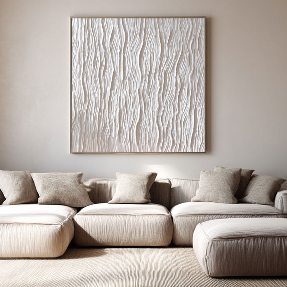 Minimalist White Organic Wavy Textured Abstract Plaster Wall Art Modern Neutral Framed Decor for Contemporary Living Room Bedroom Office Dining Room Hallway