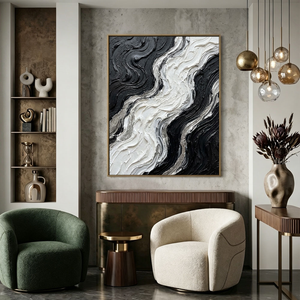 Black and White Abstract Curved Wave Impasto Wall Art Modern Thick Textured Knife Brush Stroked Painting Monochrome Flow Artwork Large Bold Minimalist Decor for Living Room Bedroom Office Dining Room Hallway