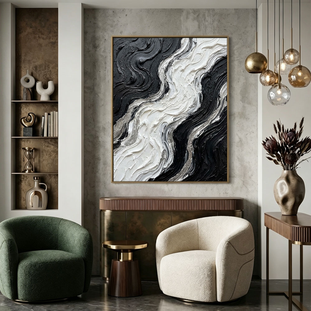 Black and White Abstract Curved Wave Impasto Wall Art Modern Thick Textured Knife Brush Stroked Painting Monochrome Flow Artwork Large Bold Minimalist Decor for Living Room Bedroom Office Dining Room Hallway