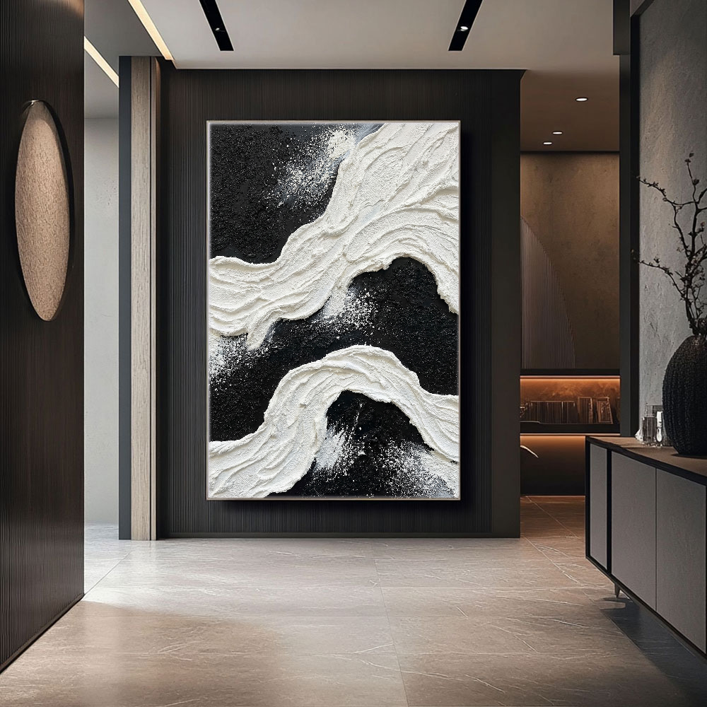 Black and White Abstract Textured Impasto Wave Wall Art Modern Minimalist Thick Paint Stacking Bold Contrast Non-Representational Canvas Artwork for Living Room Bedroom Office Home Decor
