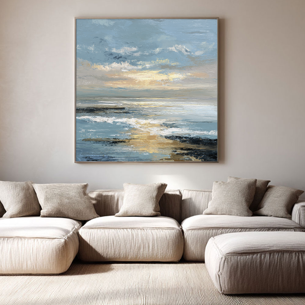 Textured Impasto Coastal Sunset Blue Gold Black White Wall Art Framed Abstract Ocean Sky Seascape for Living Room Bedroom Dining Room Office Hallway Modern Home Decor