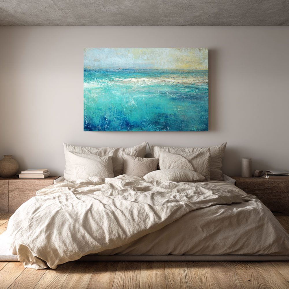 Abstract Coastal Ocean and Sky Textured Wall Art, Blue Green Beige White Impasto Painting, Modern Seascape Artwork for Living Room Bedroom Dining Room Hallway Office Decor