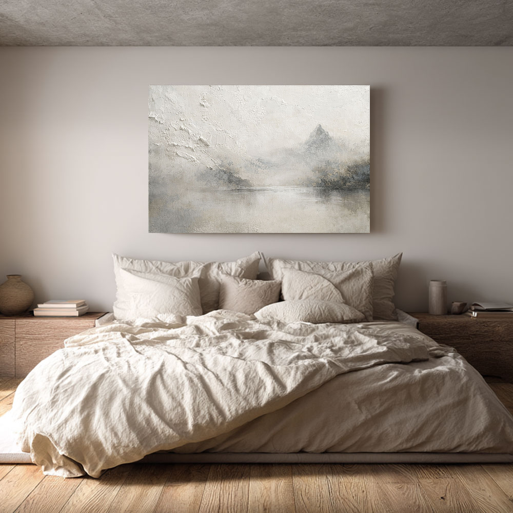 Minimalist Beige Bedroom Canvas Art - Textured Mountain Lake Painting