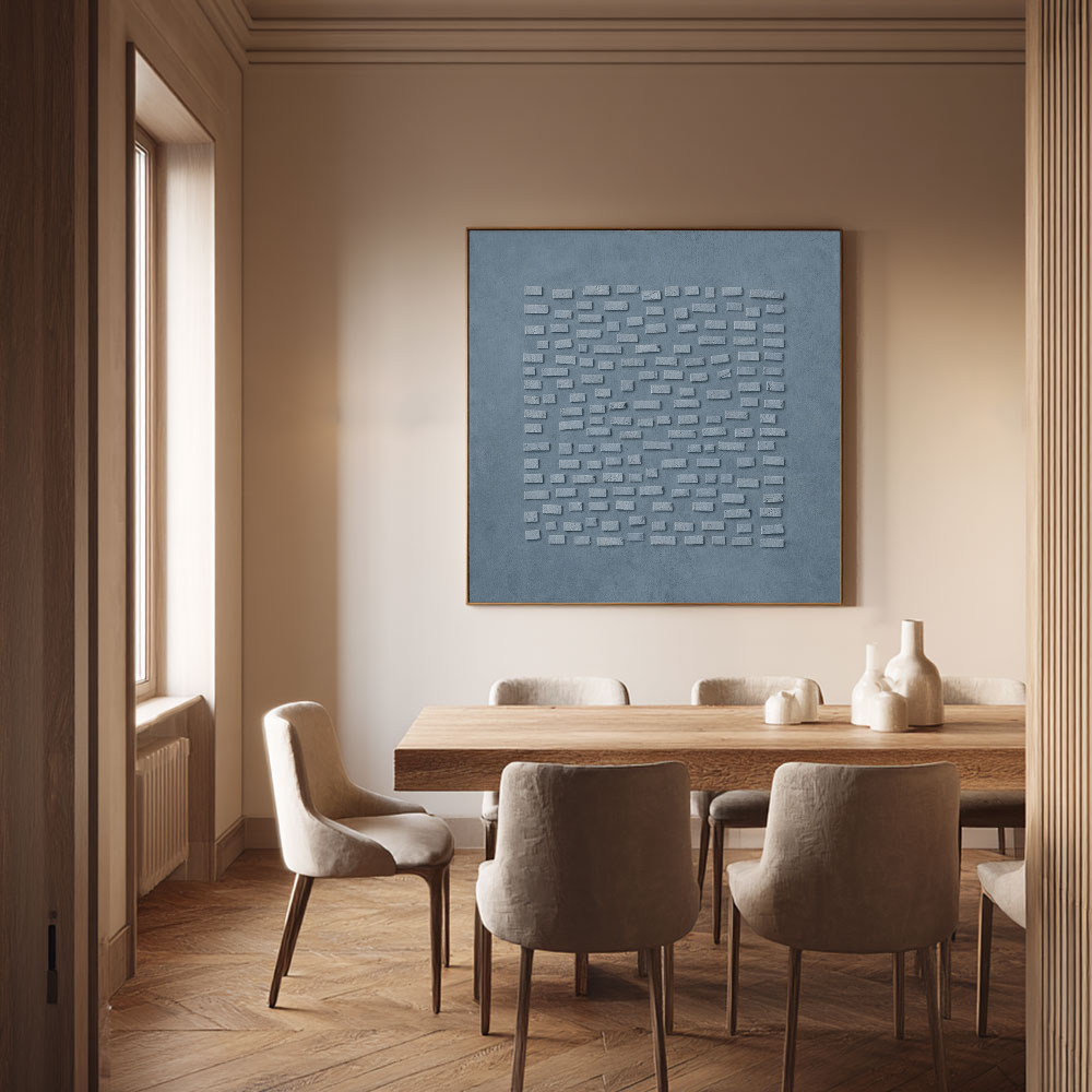 Minimalist Blue Grey 3D Textured Geometric Wall Art, Subtle Raised Block Relief Stretched Canvas Print with Black Frame, Modern Muted Neutral Home Decor for Contemporary Office, Living Room, Bedroom, Hallway & Dining Room