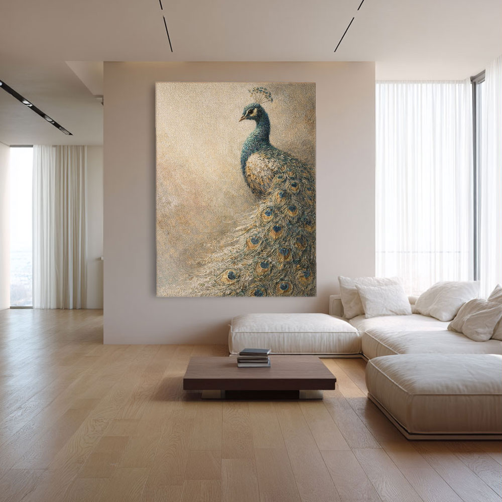 Vintage Elegant Peacock Textured Impasto Oil Painting, Muted Beige Blue Brown Green Peacock Feather Animal Wall Art for Living Room, Office, Bedroom, Dining Room, Hallway