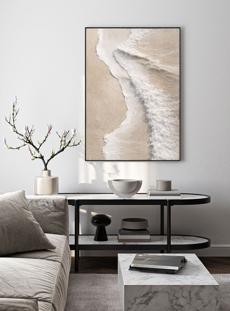 Minimalist Neutral Textured Ocean Beach Wave Canvas Wall Art, Thick Paint Impasto Coastal Landscape Artwork for Modern Home, Beige White Soft Tones Abstract Painting for Living Room Bedroom Office Decor