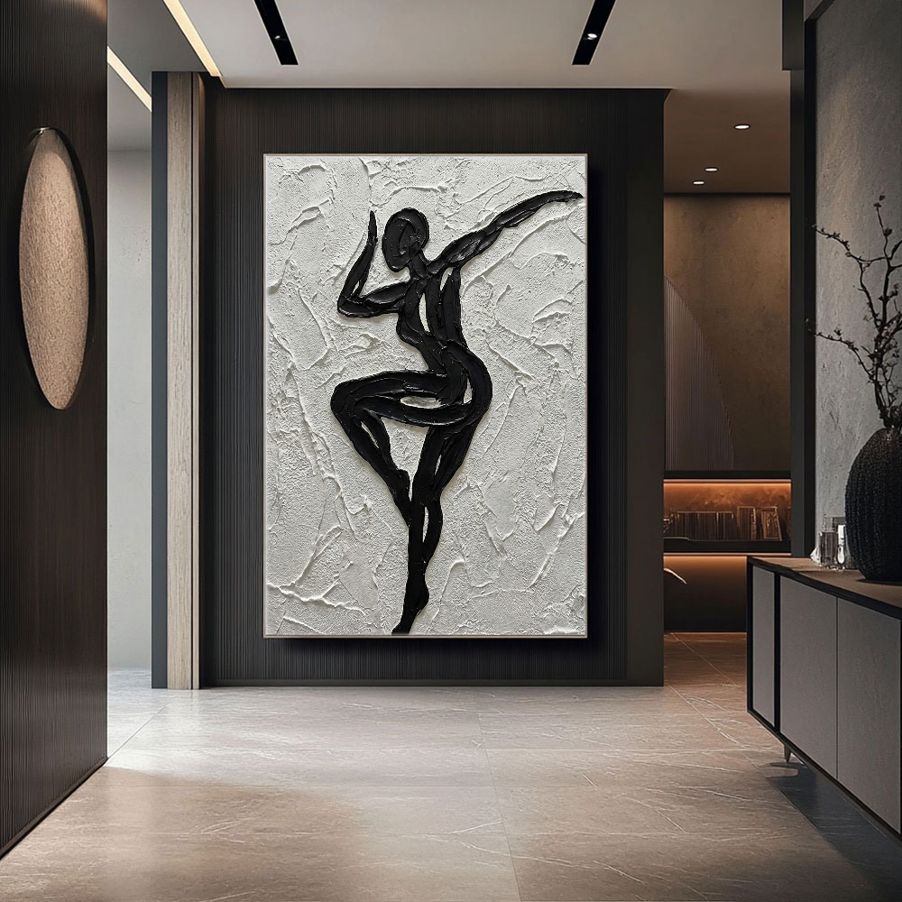 Black and White Textured Impasto Dancing Female Figure Portrait Minimalist Modern Bold Line Wall Art Decor for Living Room Bedroom Office Dining Room Hallway