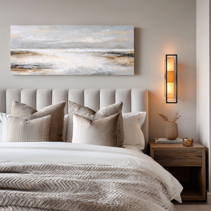 Abstract Neutral Toned Textured Seascape Impasto Wall Art, Large Panoramic Soft Grey White Beige Brown Coastal Canvas Artwork, Modern Minimalist Living Room Bedroom Decor, Framed Horizontal Painting
