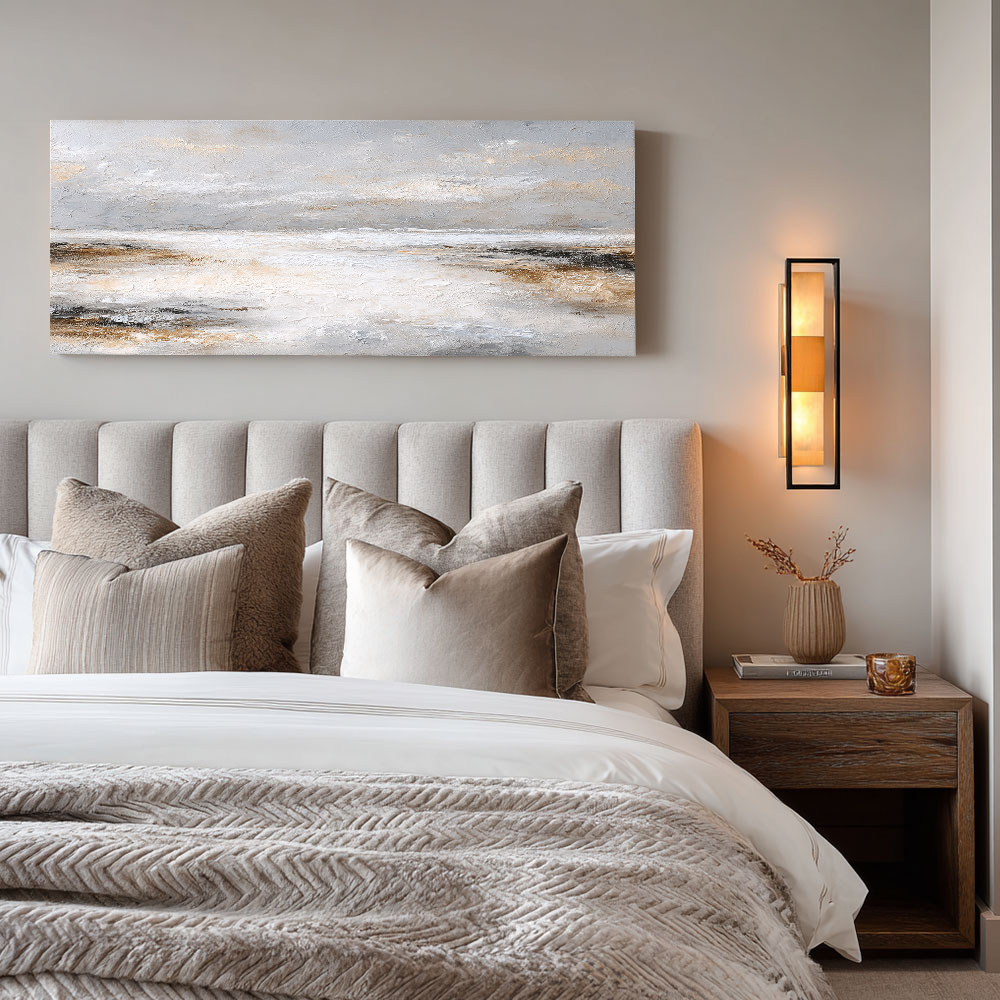 Abstract Neutral Toned Textured Seascape Impasto Wall Art, Large Panoramic Soft Grey White Beige Brown Coastal Canvas Artwork, Modern Minimalist Living Room Bedroom Decor, Framed Horizontal Painting