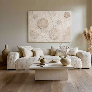 Minimalist Textured Beige White Abstract Floral Circular Lines Plaster Wall Art for Modern Neutral Living Room Bedroom Hallway Office Dining Room Interiors