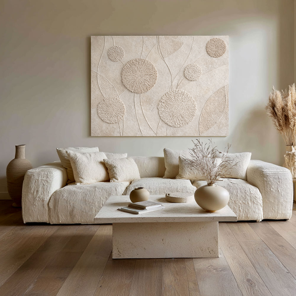 Minimalist Textured Beige White Abstract Floral Circular Lines Plaster Wall Art for Modern Neutral Living Room Bedroom Hallway Office Dining Room Interiors