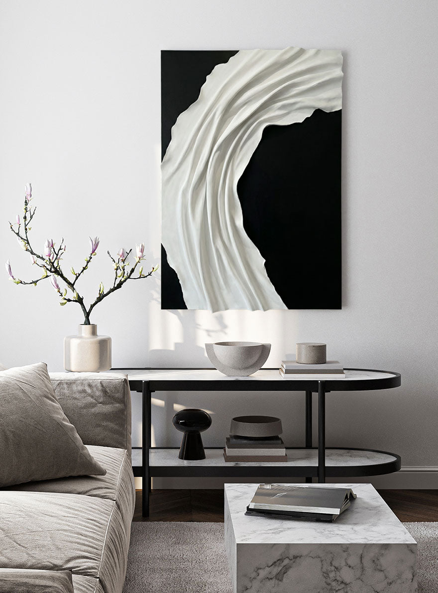 Minimalist Black and White Abstract Textured Wall Art, Modern Neutral Monochrome 3D Wave Relief Decor for Contemporary Living Spaces, Elegant Monotone Vertical Wall Hanging