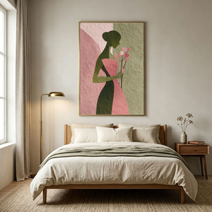 Abstract Minimalist Female Portrait Silhouette with Soft Pink Muted Green Tones, Holding Delicate Heart-Shaped Flower Stems Textured Canvas Print Wall Decor for Modern Home Office Styling