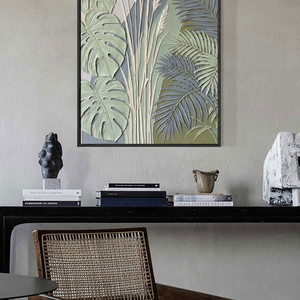 Elegant Tropical Botanical Textured 3D Relief Wall Art Featuring Monstera Palm Fronds Pampas Grass Muted Sage Olive Green Beige Medium Grey Curved Background Living Room Bedroom Dining Hallway Office Modern Nature Inspired Decor Piece