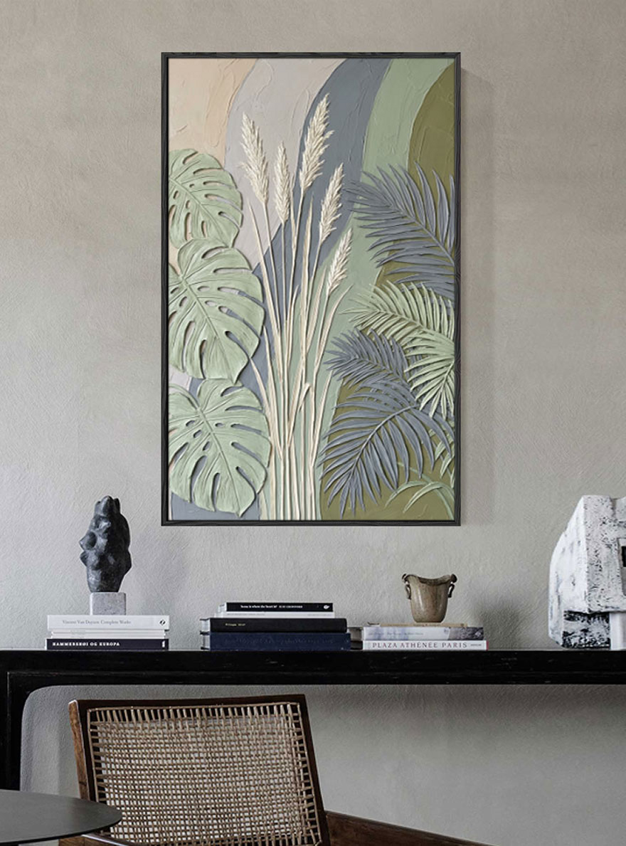 Elegant Tropical Botanical Textured 3D Relief Wall Art Featuring Monstera Palm Fronds Pampas Grass Muted Sage Olive Green Beige Medium Grey Curved Background Living Room Bedroom Dining Hallway Office Modern Nature Inspired Decor Piece
