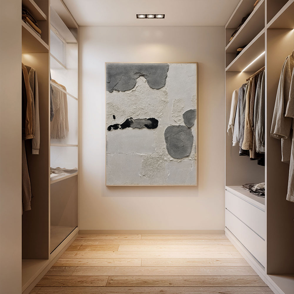 Minimalist Asymmetrical Abstract Textured Wall Art Neutral Black Medium Grey Beige White Modern Handcrafted Plaster Style Decor for Contemporary Office Hallway Dining Room Bedroom Living Room
