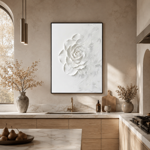 White Textured Flower Vertical Wall Art with Plaster-Style Texture for Living Room or Bedroom