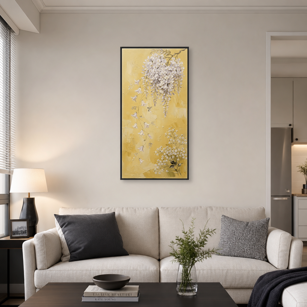 Elegant Vertical Wisteria and Baby's Breath Floral Wall Art, Soft Purple and White Cascading Blooms on Warm Yellow Background, Thick Impasto Textured Painting for Modern Home Decor Living Room Bedroom Office Dining Room Hallway