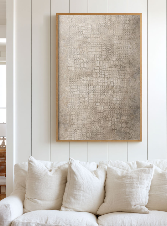 Minimalist Subtle Textured Wabi Sabi Inspired Neutral Beige Dark Grey Abstract Wall Art for Modern Home Office Living Room Bedroom Dining Hallway Decor with Muted Asymmetrical Imperfect Natural Aged Look Framed Canvas Print
