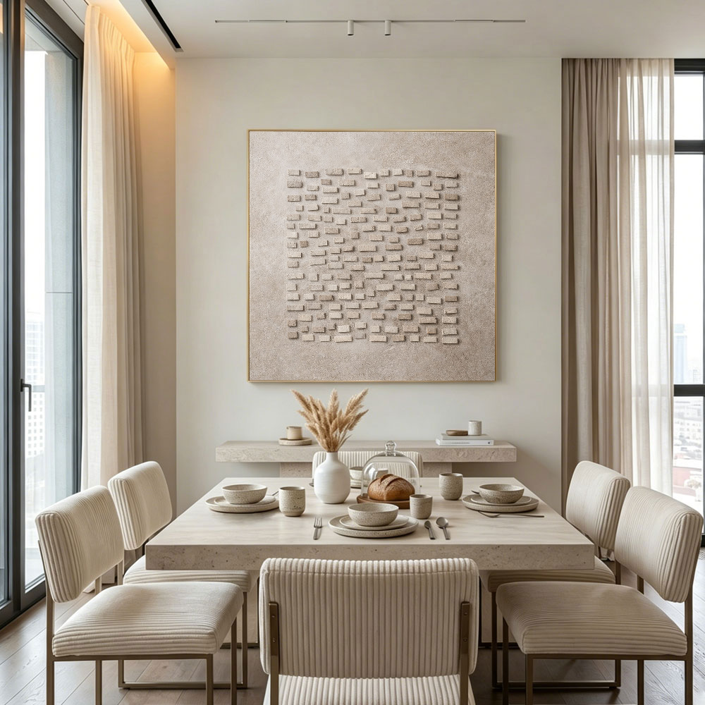 Minimalist Neutral Geometric 3D Relief Abstract Wall Art, Modern Textured Beige Light Grey Wabi Sabi Inspired Artwork for Contemporary Home Decor