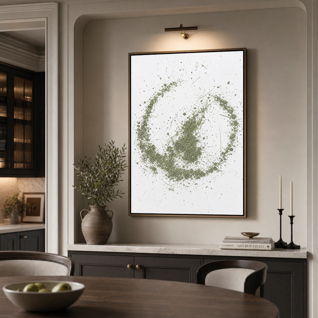 Abstract Minimalist Green and White Textured Vertical Wall Art for Living Room