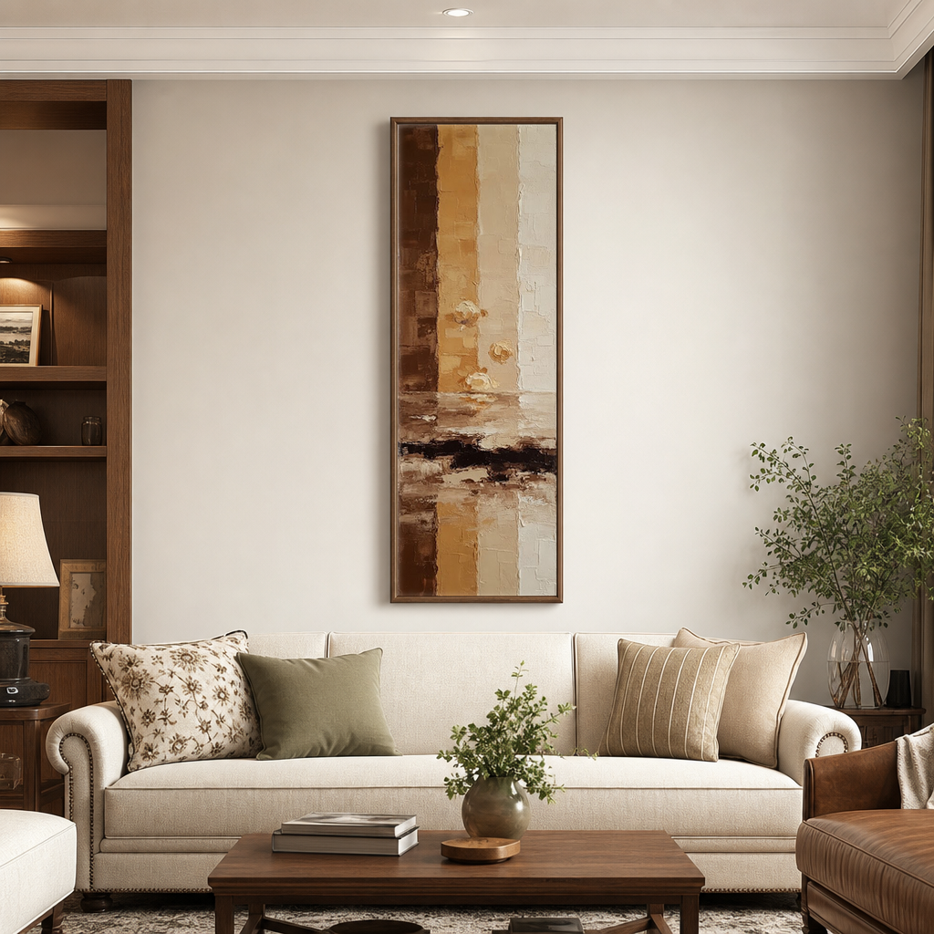 Vertical Earth Tones Impasto Abstract above a sofa in a bright living room