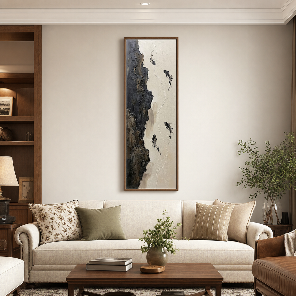 Abstract Black White Brown Beige Koi Fish Impasto Textured Vertical Wall Art Minimalist Nature-Inspired Framed Canvas, Perfect for Modern Home Office Living Room Bedroom Hallway Dining Room Decor