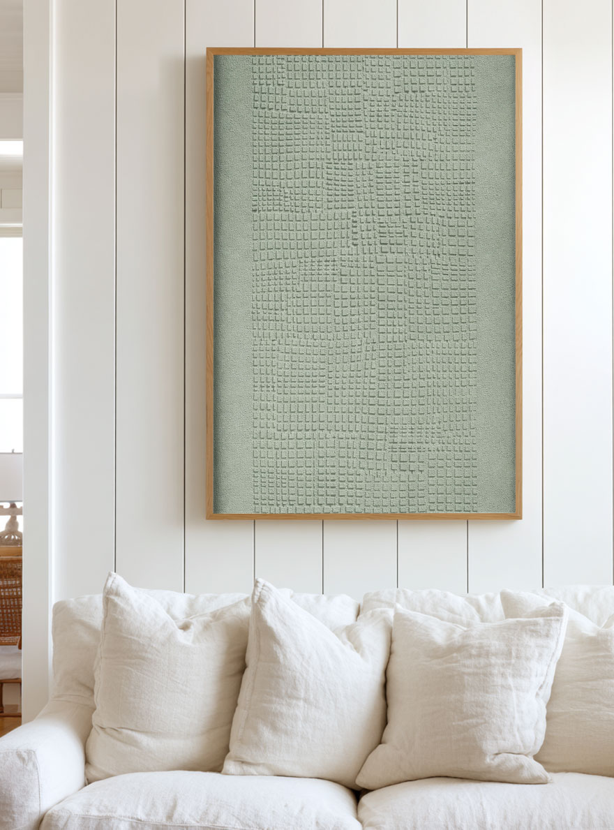 Minimalist Abstract Textured Plaster Wall Art Soft Muted Sage Green Geometric Grid Pattern Framed Modern Neutral Home Decor for Living Room Bedroom Office Dining Room Hallway