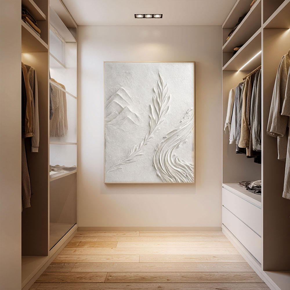 Minimalist 3D Relief Nature-Inspired Plaster Wall Art – Soft White Beige Tone Mountain Leaf Wave Textured Artwork for Modern and Wabi-Sabi Inspired Living Spaces, Calming Bedroom, Professional Office, Cozy Hallway, Elegant Dining Room