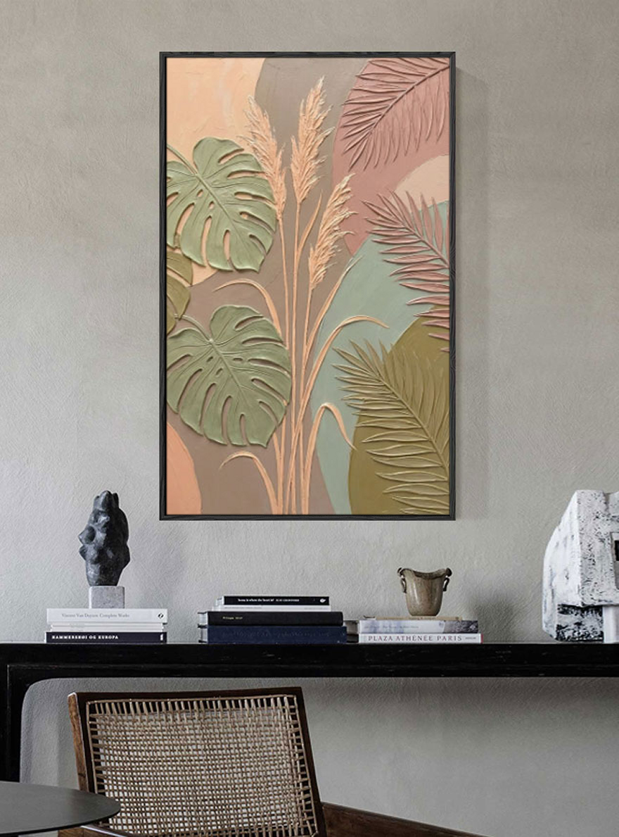 Bohemian Tropical Monstera Palm Leaves Pampas Grass Textured Abstract Floral Wall Art for Living Room Bedroom Dining Room Office Home Decor